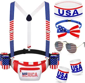 Jansun 11 Pcs Patriotic Fanny Pack Beverage Beer Belt Set USA Belt Bag American Fanny Pack with Suspenders Drink Holder American Flag Headband Wristband Sunglasses Classic Costume for 4th of July
