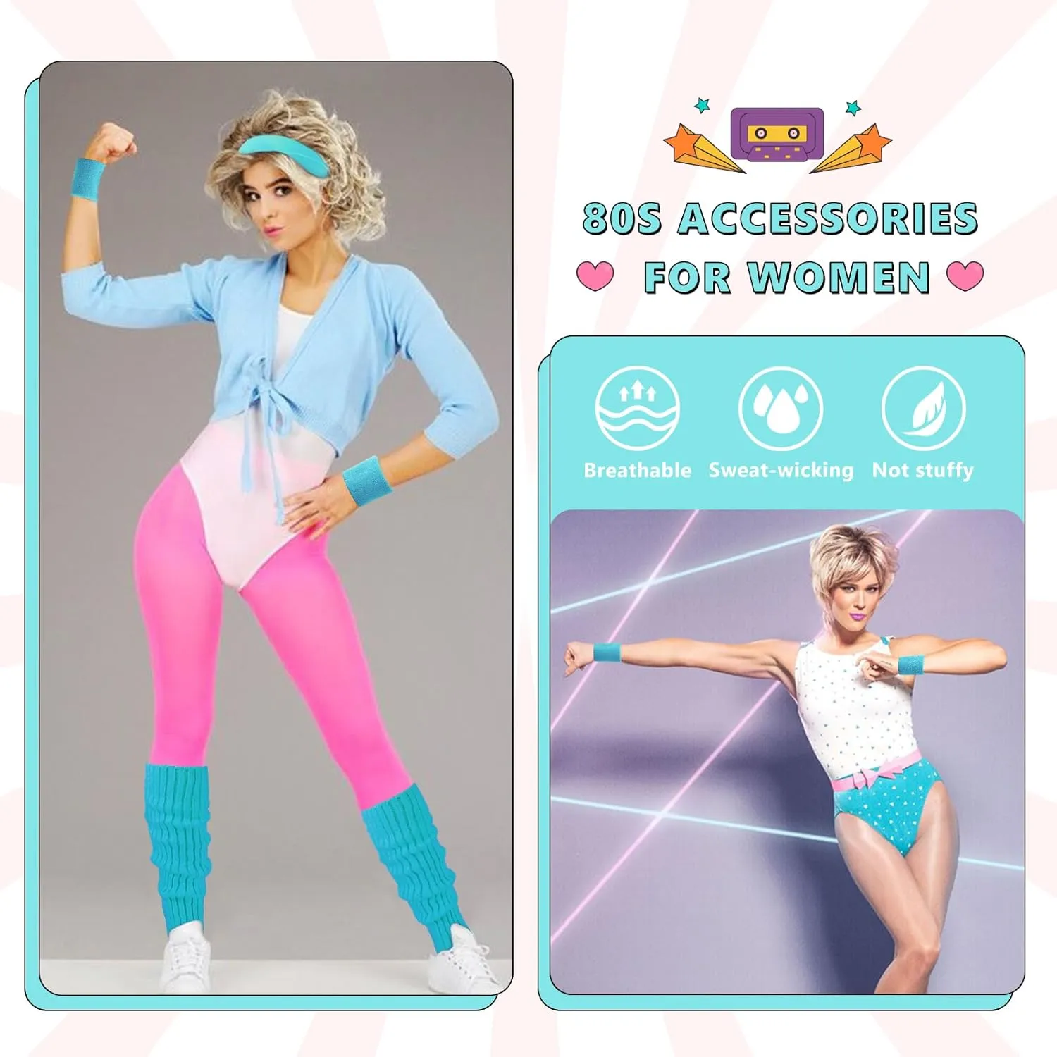 Junely 80s Accessories for Women Neon Leg Warmers Headband and Wristbands Set Knit Legwarmers for Ballet Dance Figure Skating