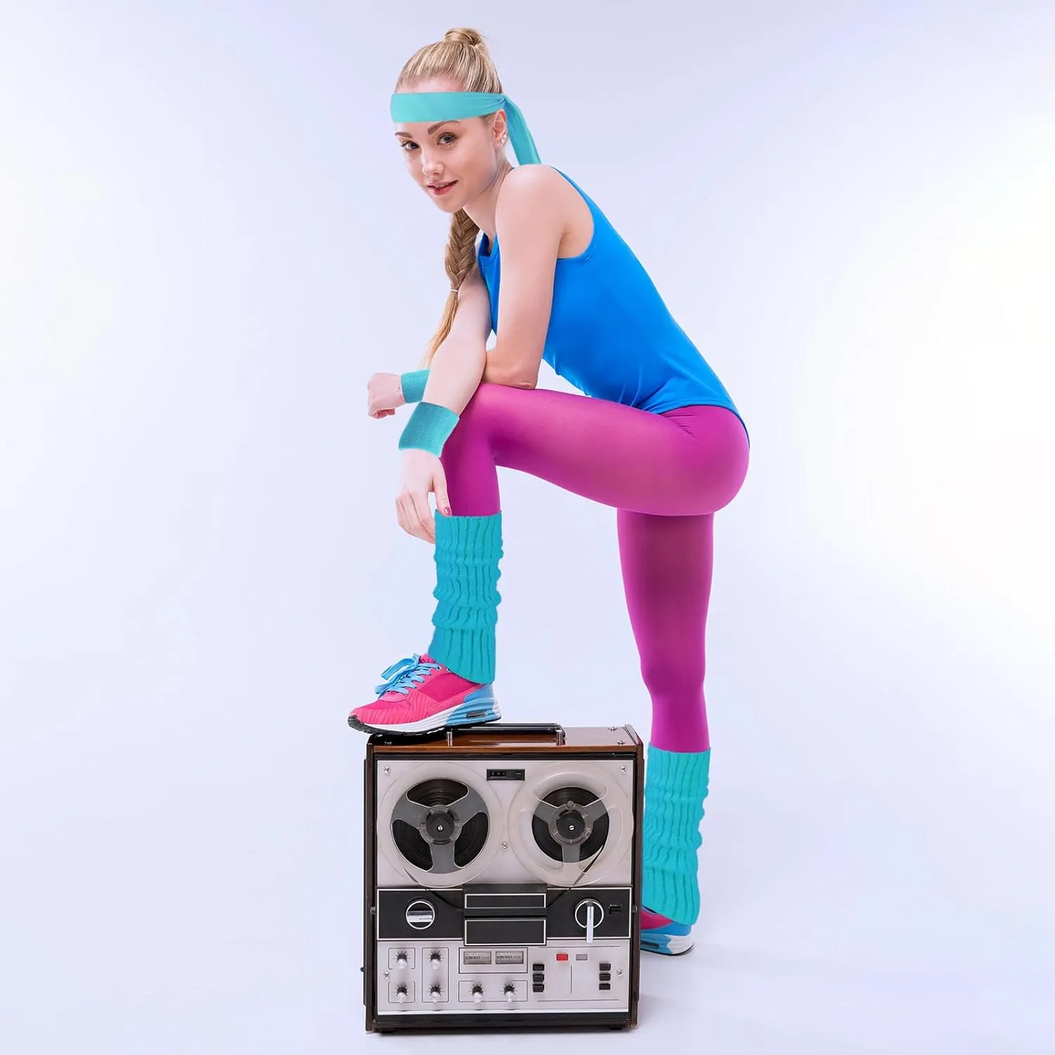 Junely 80s Accessories for Women Neon Leg Warmers Headband and Wristbands Set Knit Legwarmers for Ballet Dance Figure Skating