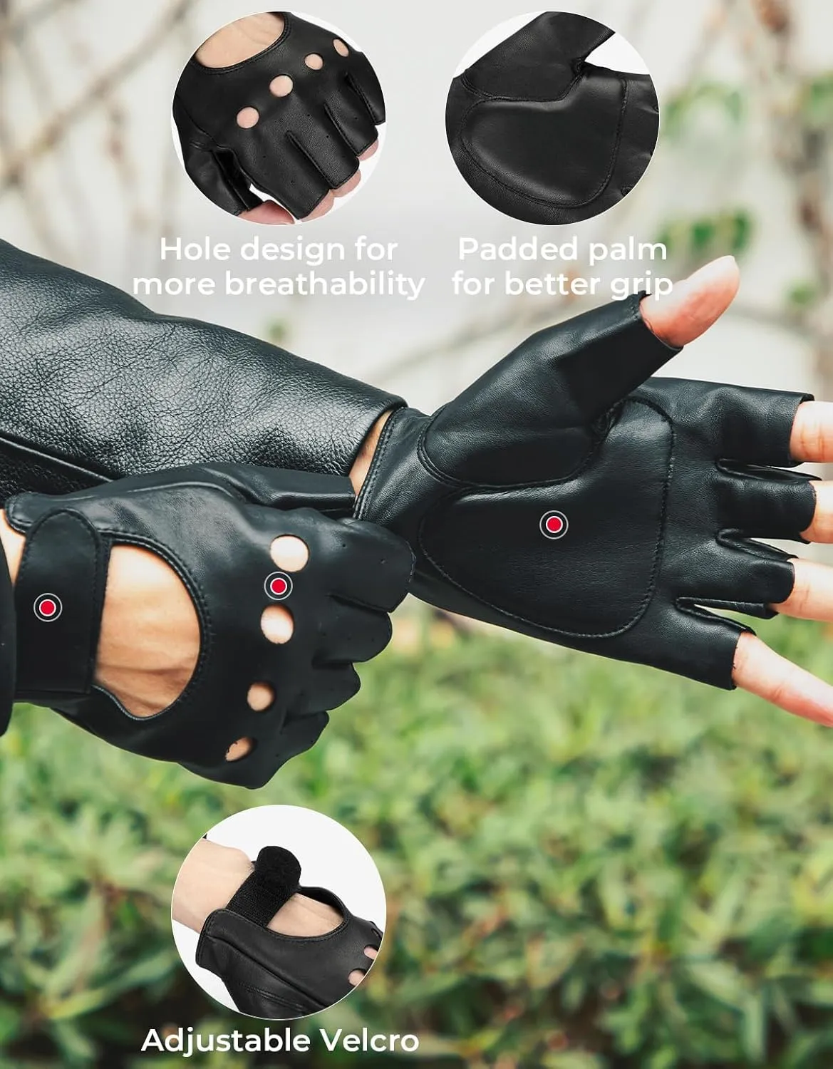 KEMIMOTO Fingerless Gloves Sheepskin Leather Gloves Motorcycle Motorbike Riding Driving Gloves Half Finger Unlined Glove for Men Women Black