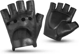 KEMIMOTO Fingerless Gloves Sheepskin Leather Gloves Motorcycle Motorbike Riding Driving Gloves Half Finger Unlined Glove for Men Women Black