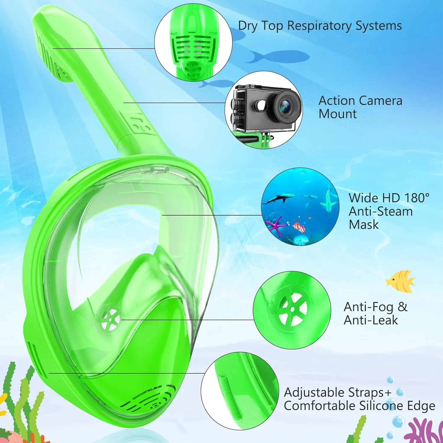 Kids Snorkel Mask Full Face, Snorkeling Gear for Kids 2-14 with Camera Mount, 180 Degree Panoramic View Snorkeling Set Anti-Fog Anti-Leak
