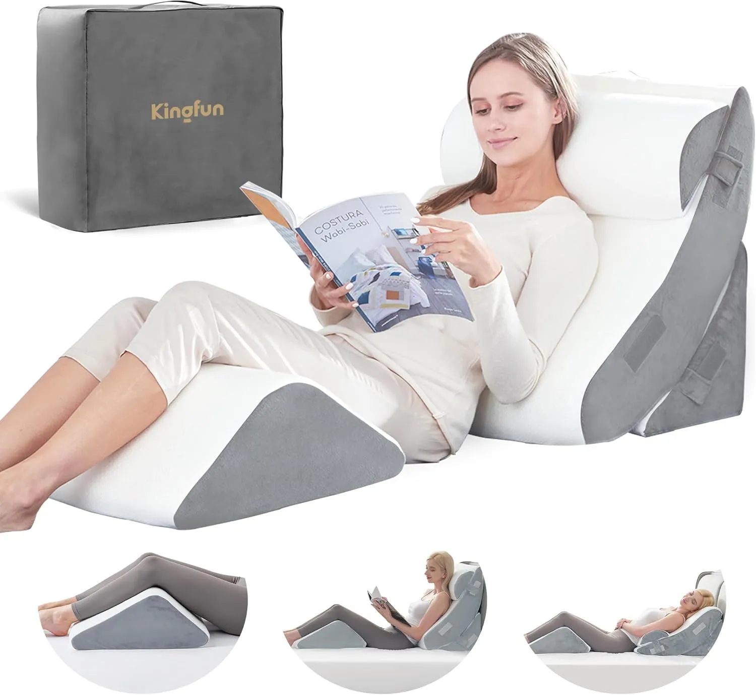 Kingfun 4pcs Orthopedic Bed Wedge Pillow Set for Post Surgery, Memory Foam for Sleeping, Adjustable Leg, Back and Arm Support, Sitting Up and Rest Pillow with Travel Bag