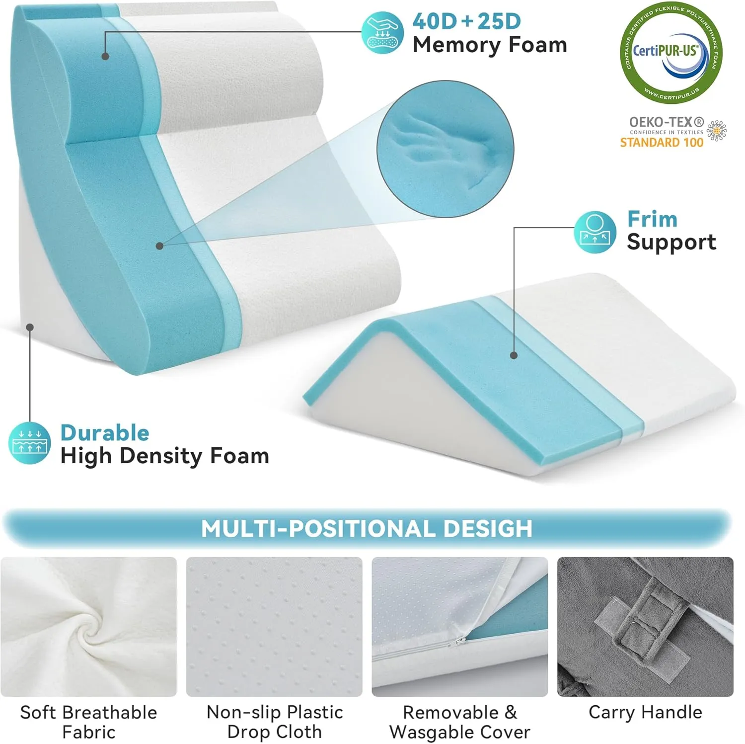 Kingfun 4pcs Orthopedic Bed Wedge Pillow Set for Post Surgery, Memory Foam for Sleeping, Adjustable Leg, Back and Arm Support, Sitting Up and Rest Pillow with Travel Bag