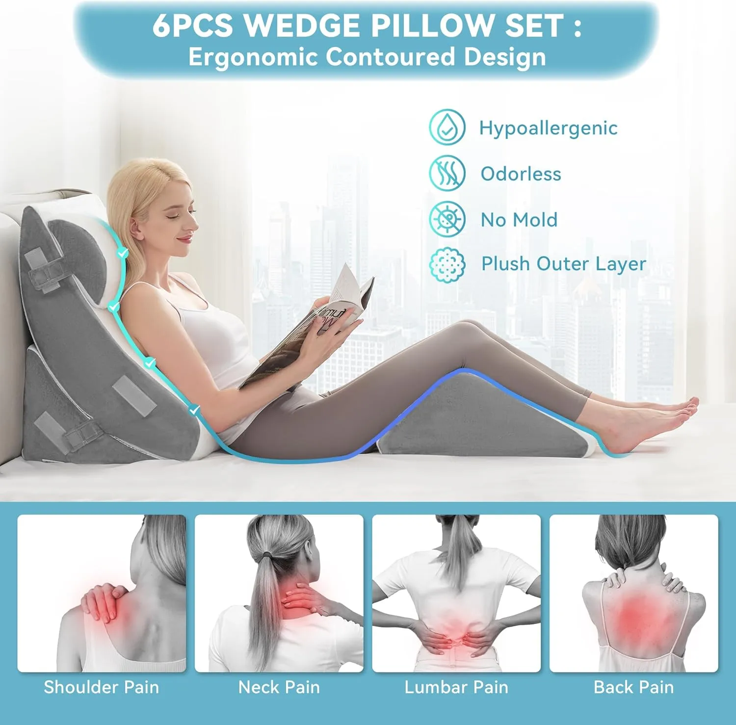 Kingfun 4pcs Orthopedic Bed Wedge Pillow Set for Post Surgery, Memory Foam for Sleeping, Adjustable Leg, Back and Arm Support, Sitting Up and Rest Pillow with Travel Bag