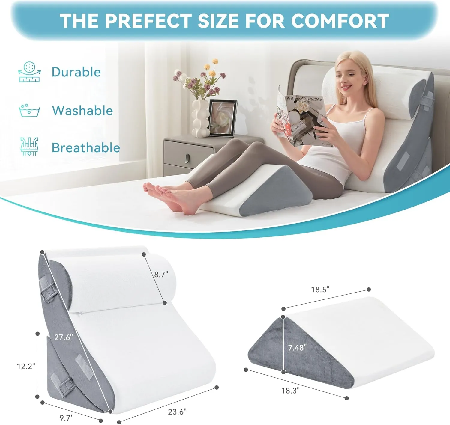 Kingfun 4pcs Orthopedic Bed Wedge Pillow Set for Post Surgery, Memory Foam for Sleeping, Adjustable Leg, Back and Arm Support, Sitting Up and Rest Pillow with Travel Bag