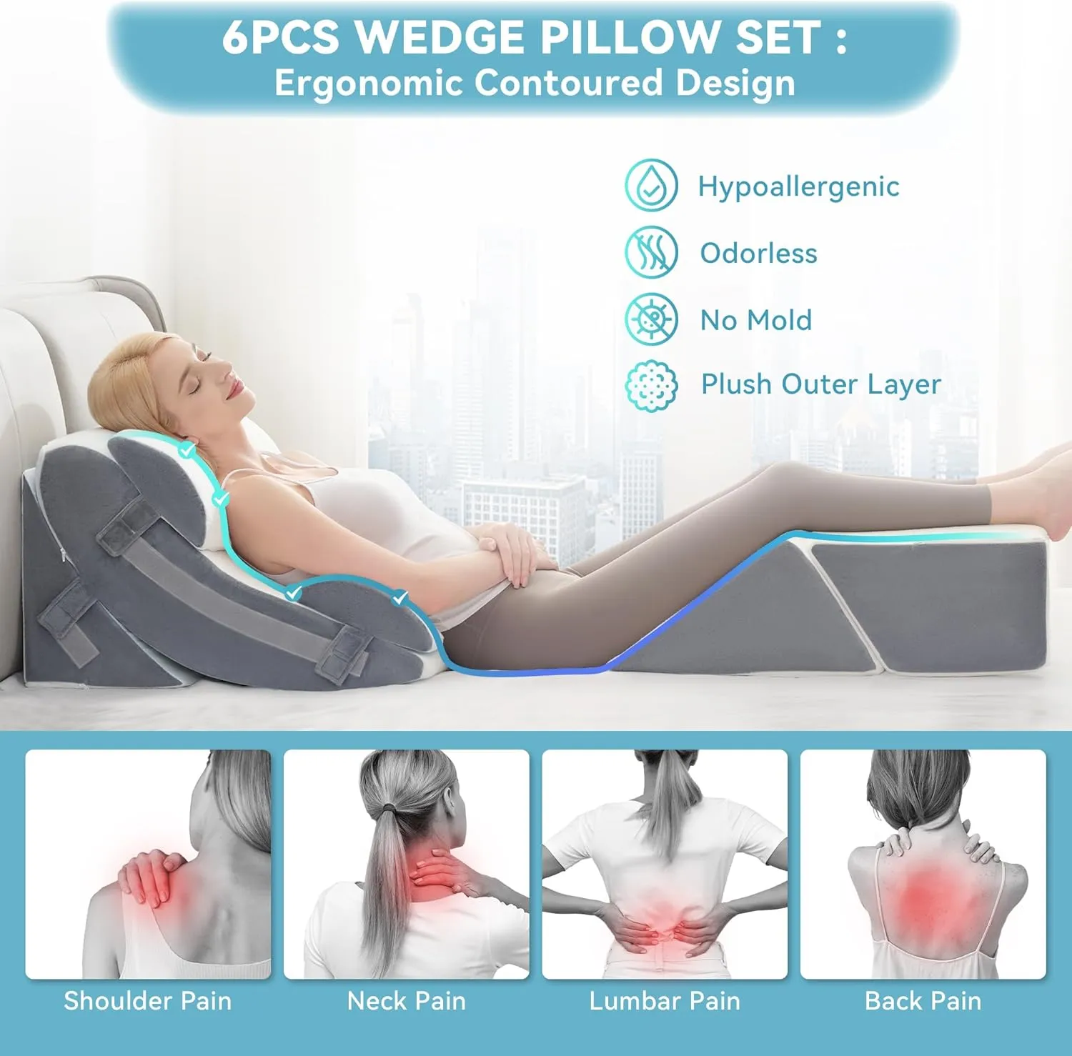 Kingfun 6pcs Orthopedic Bed Wedge Pillow Set for Sleeping, Memory Foam for Sleeping,Breathable Triangle Pillow Wedge, Post Surgery Memory Foam for Back, Leg Pain Relief, Sitting