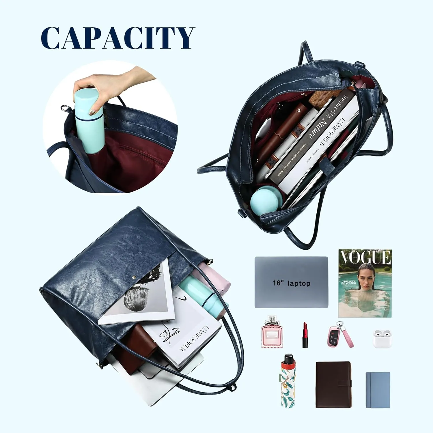 Large Tote Bag for Women Work with Zipper Vegan Leather Shoulder Bags Travel Purses and Handbags Weekender Bags