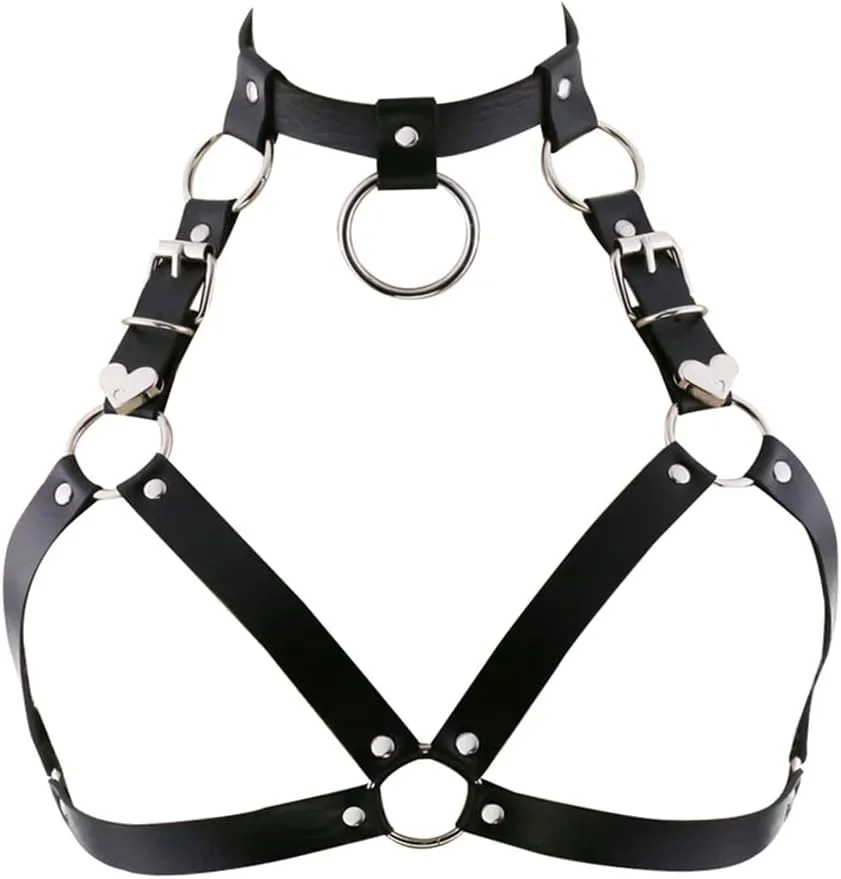 Leather Chest Straps Harness Body Chain Heart Harajuku Punk Caged Bra Waist Belts with Choker Collar for Women Rave Outfits