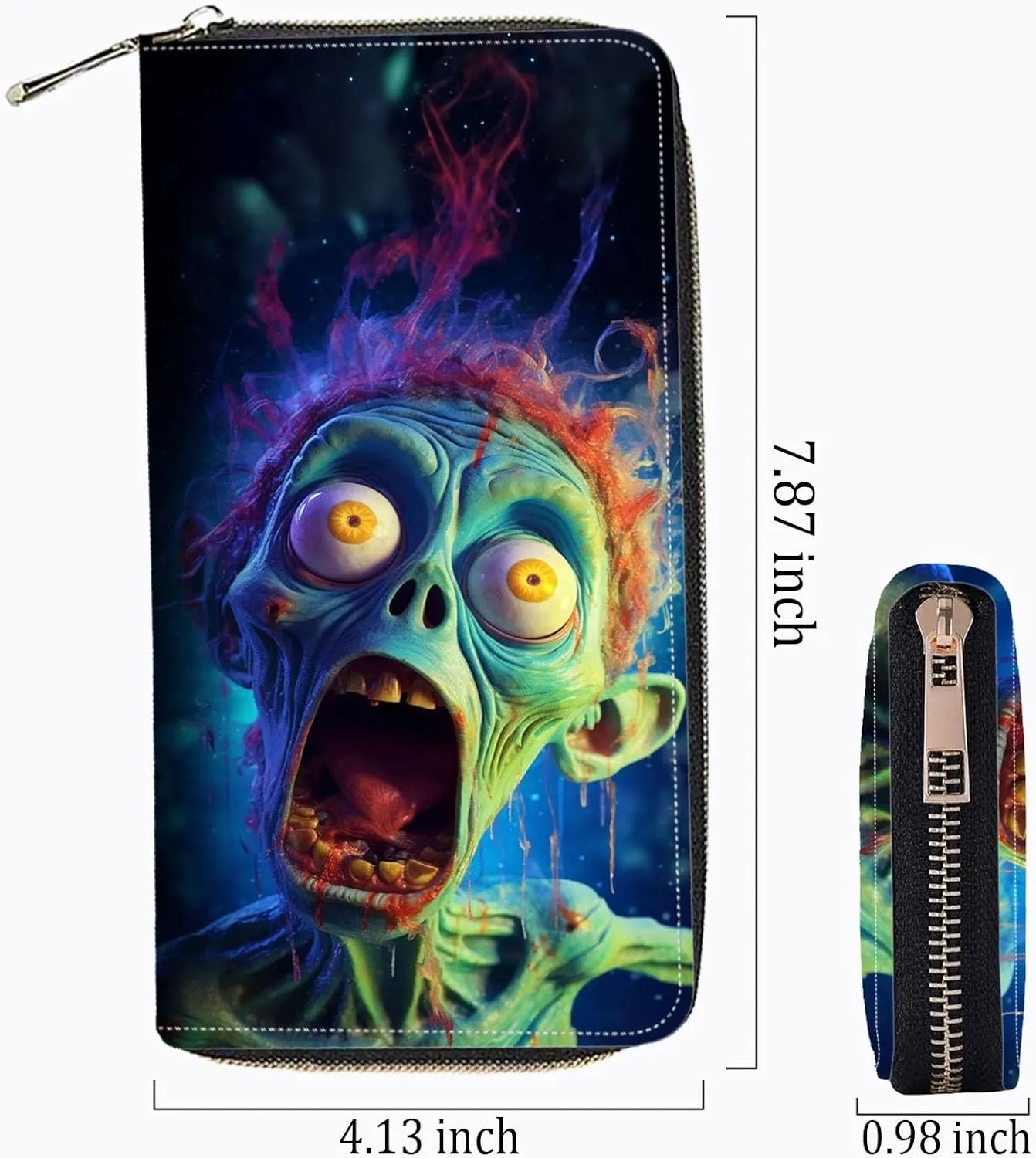 Leather Wallet for Women,Large Capacity RFID Blocking Clutch,Zip Around Purse with 8 Card Slots,Bill Compartments Coin Pocket-Funny Zombies