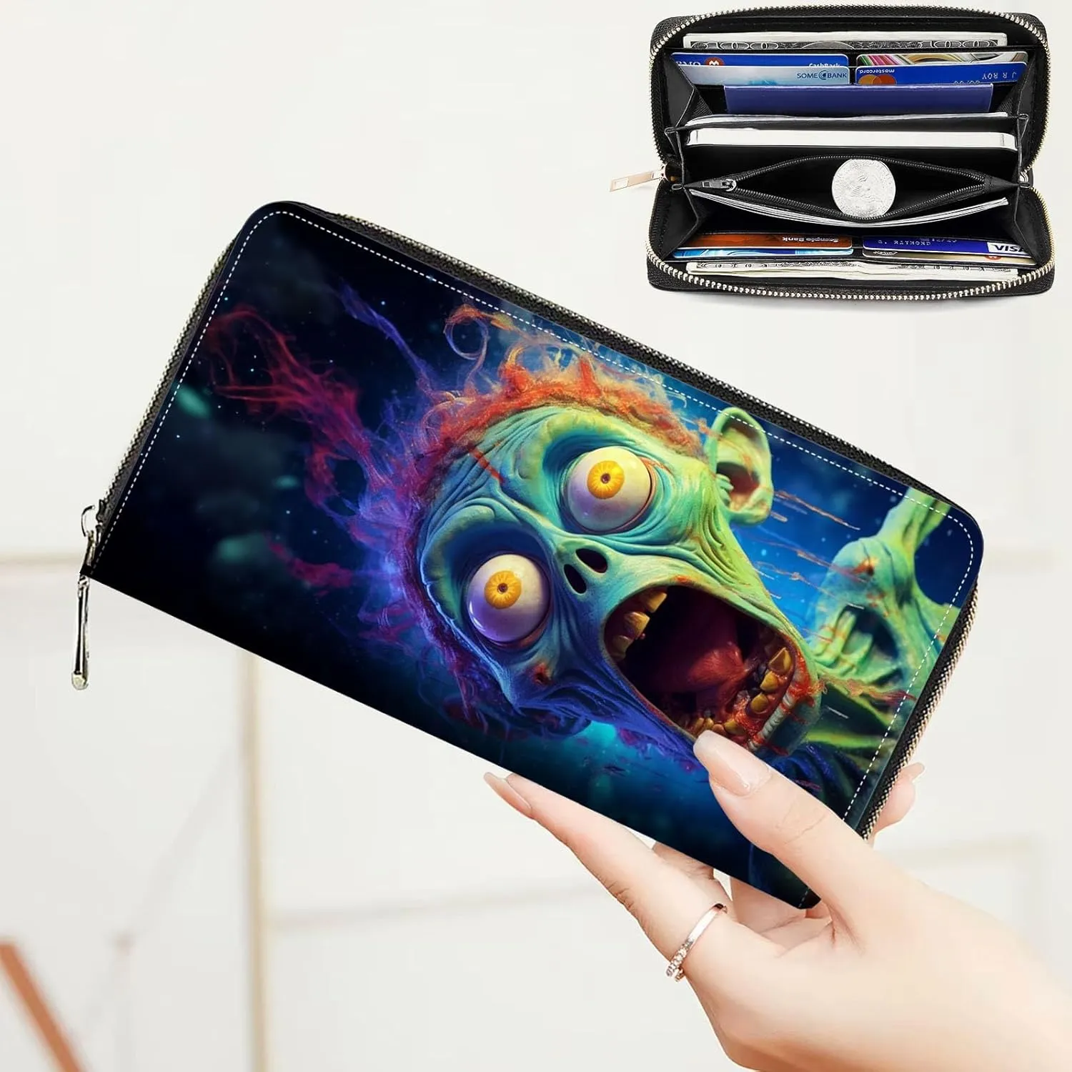 Leather Wallet for Women,Large Capacity RFID Blocking Clutch,Zip Around Purse with 8 Card Slots,Bill Compartments Coin Pocket-Funny Zombies