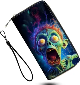 Leather Wallet for Women,Large Capacity RFID Blocking Clutch,Zip Around Purse with 8 Card Slots,Bill Compartments Coin Pocket-Funny Zombies