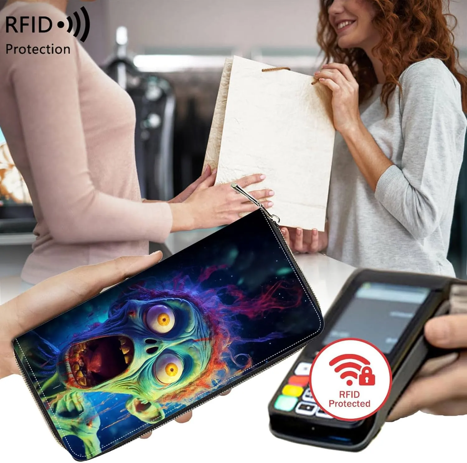 Leather Wallet for Women,Large Capacity RFID Blocking Clutch,Zip Around Purse with 8 Card Slots,Bill Compartments Coin Pocket-Funny Zombies