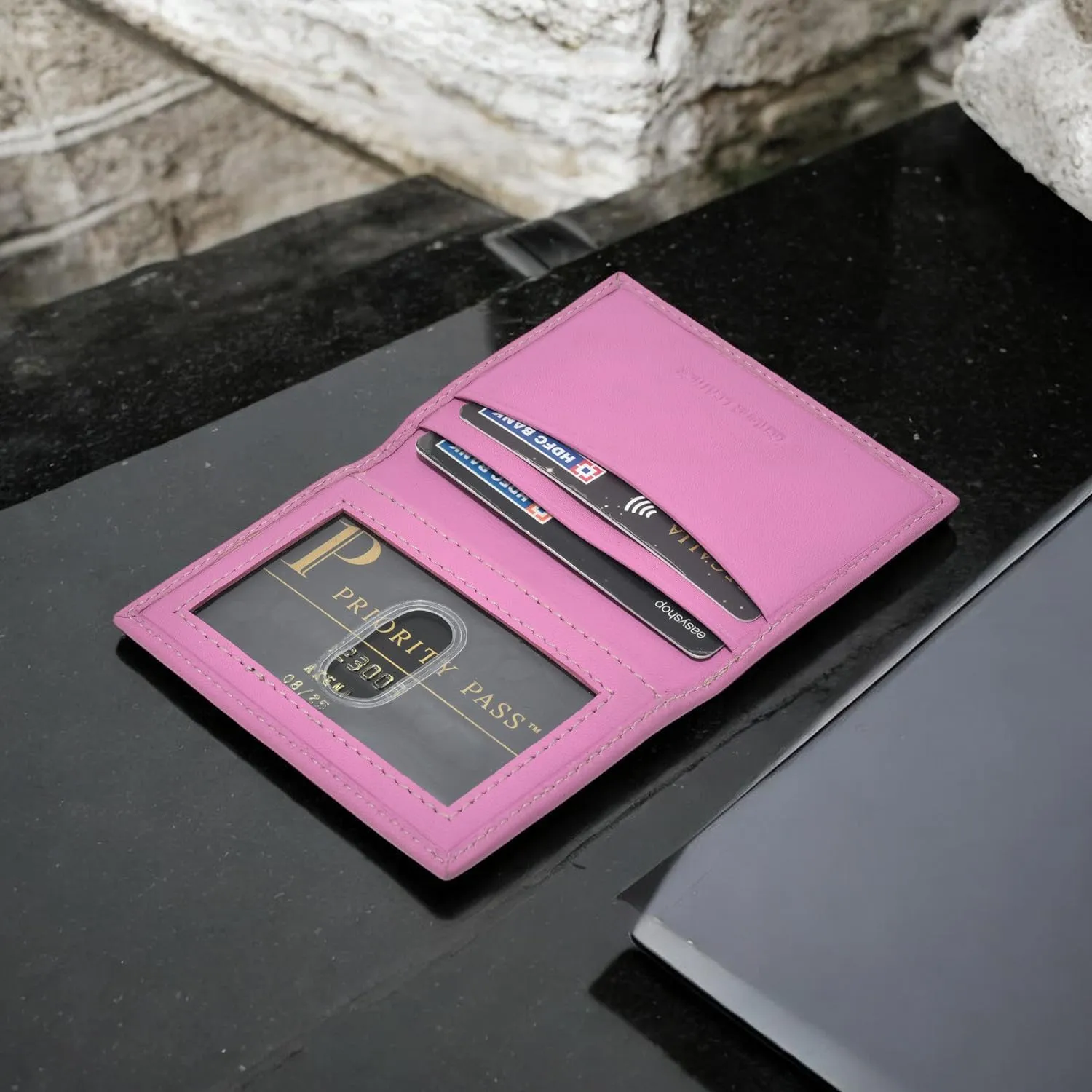 Leatherboss Slim Thin Leather Credit Card Id Mini Wallet Holder Bifold Driver's License Safe (Pink)