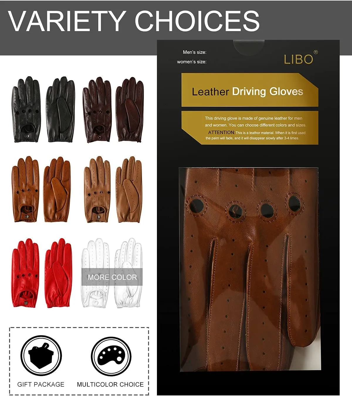 LIBO Genuine Leather Driving Gloves for Men Women, Unlined Full Finger Motorcycle Gloves, Button Closure (Non Touchscreen)