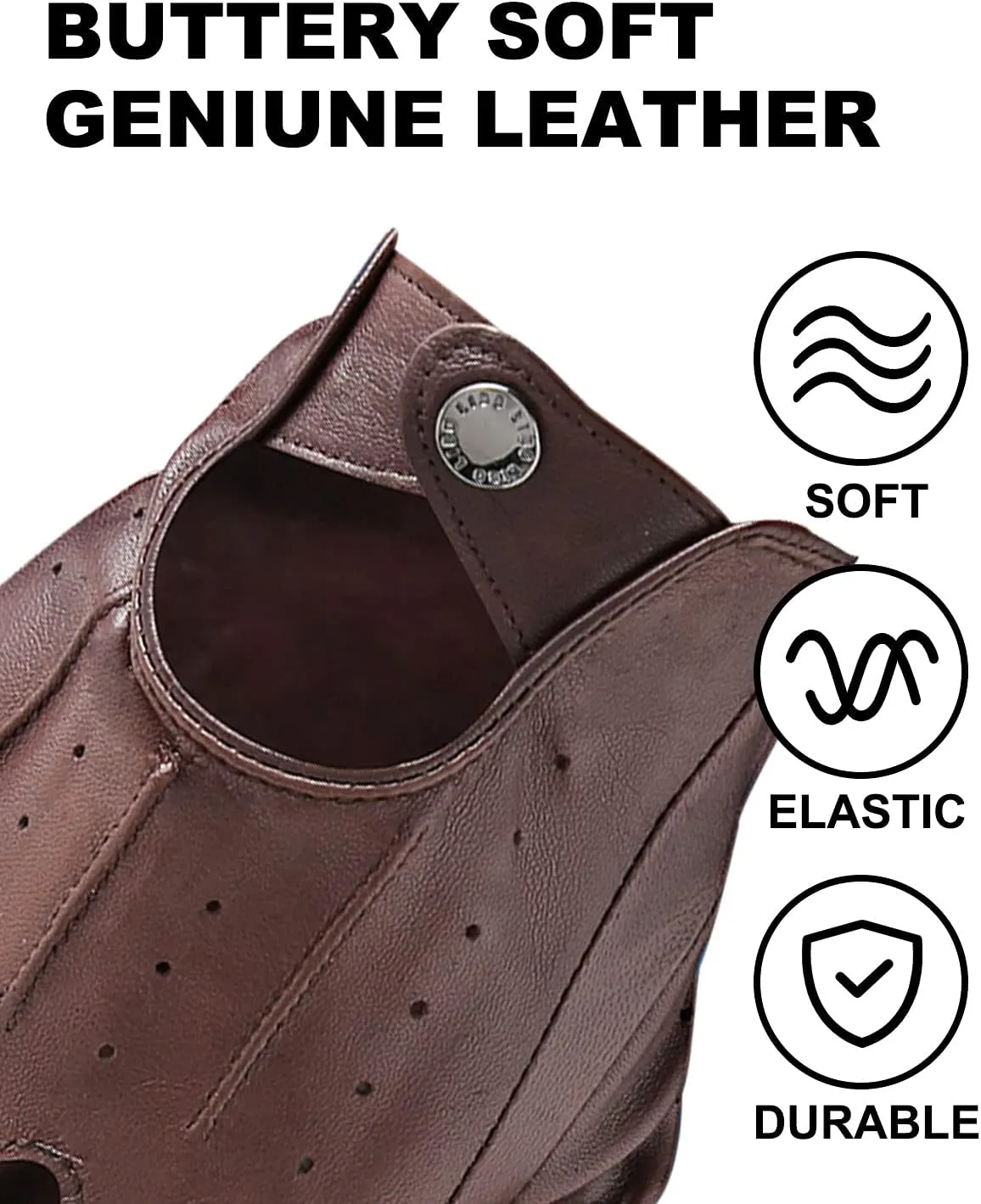 LIBO Genuine Leather Driving Gloves for Men Women, Unlined Full Finger Motorcycle Gloves, Button Closure (Non Touchscreen)