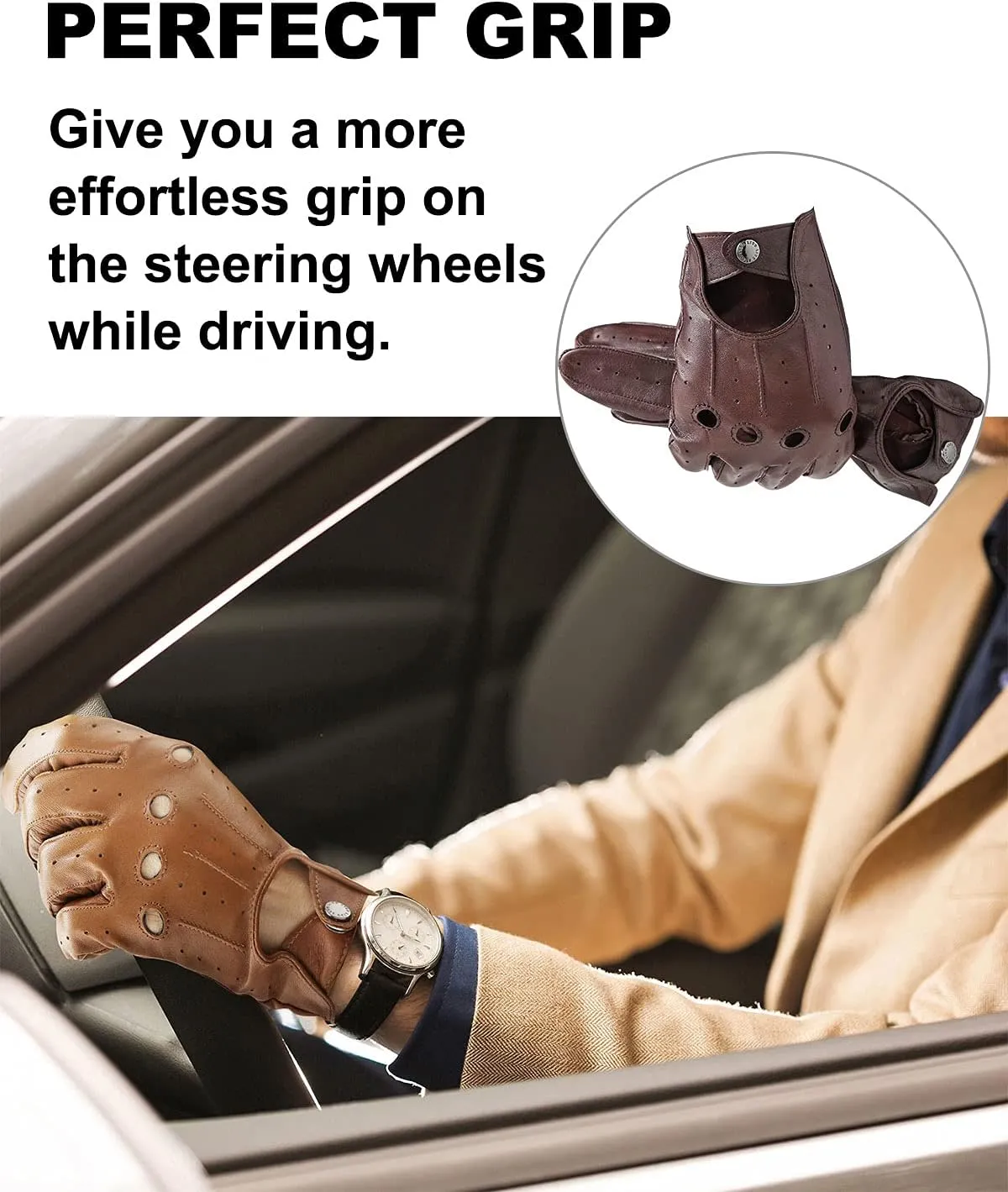 LIBO Genuine Leather Driving Gloves for Men Women, Unlined Full Finger Motorcycle Gloves, Button Closure (Non Touchscreen)