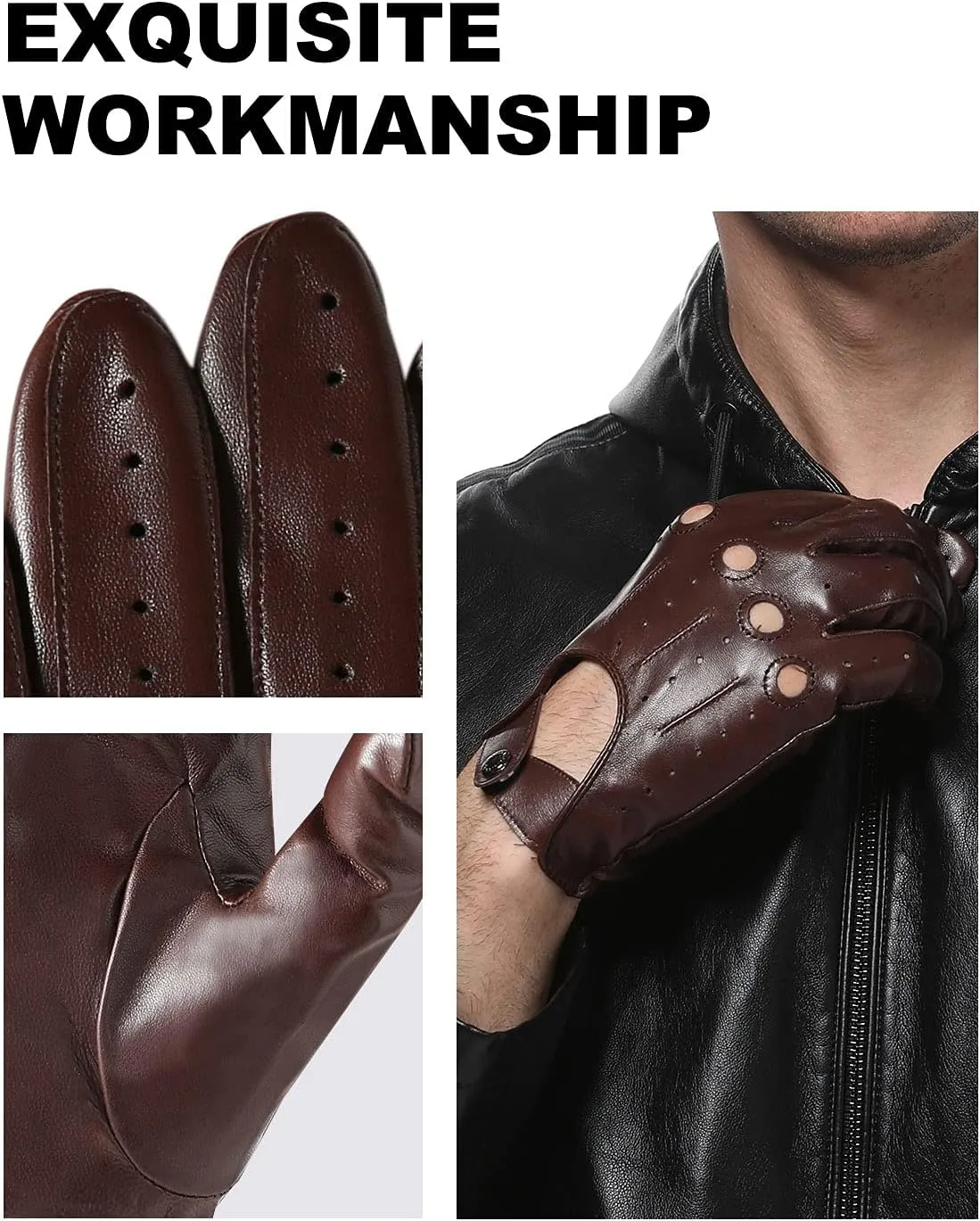 LIBO Genuine Leather Driving Gloves for Men Women, Unlined Full Finger Motorcycle Gloves, Button Closure (Non Touchscreen)