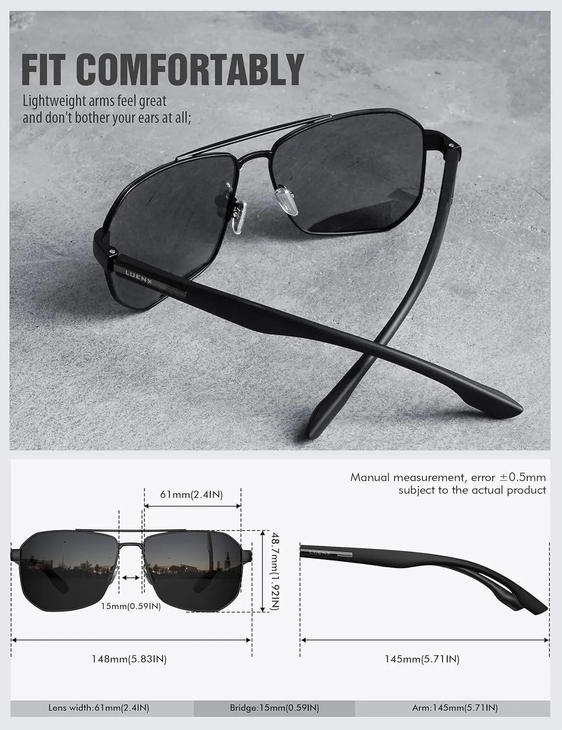LUENX Aviator Sunglasses for Men Square Polarized Polygon Lens - UV 400 Protection with Accessories 61MM Driving Outdoor