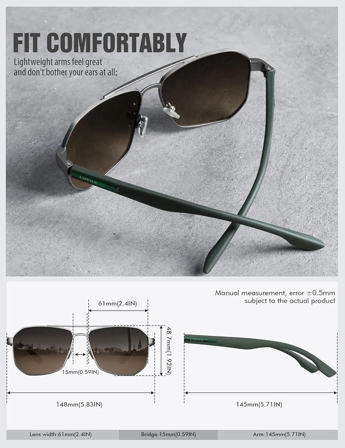 LUENX Aviator Sunglasses for Men Square Polarized Polygon Lens - UV 400 Protection with Accessories 61MM Driving Outdoor