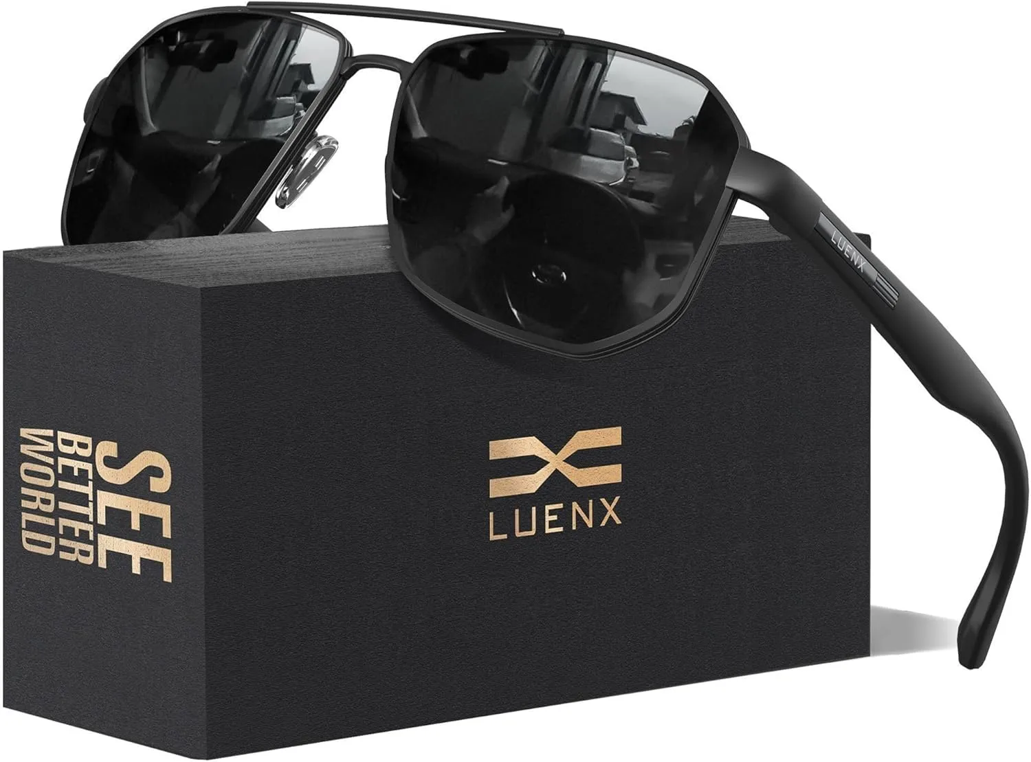 LUENX Aviator Sunglasses for Men Square Polarized Polygon Lens - UV 400 Protection with Accessories 61MM Driving Outdoor