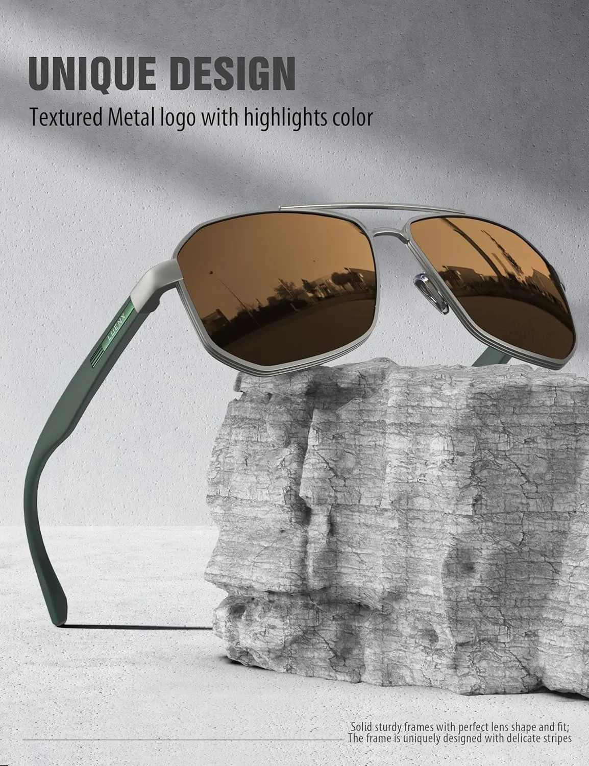 LUENX Aviator Sunglasses for Men Square Polarized Polygon Lens - UV 400 Protection with Accessories 61MM Driving Outdoor