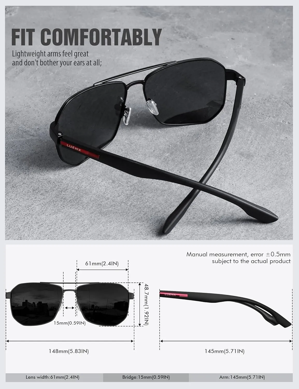 LUENX Aviator Sunglasses for Men Square Polarized Polygon Lens - UV 400 Protection with Accessories 61MM Driving Outdoor