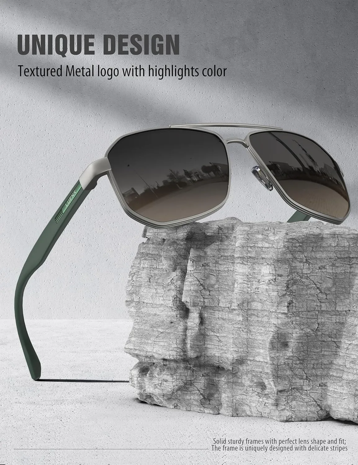 LUENX Aviator Sunglasses for Men Square Polarized Polygon Lens - UV 400 Protection with Accessories 61MM Driving Outdoor