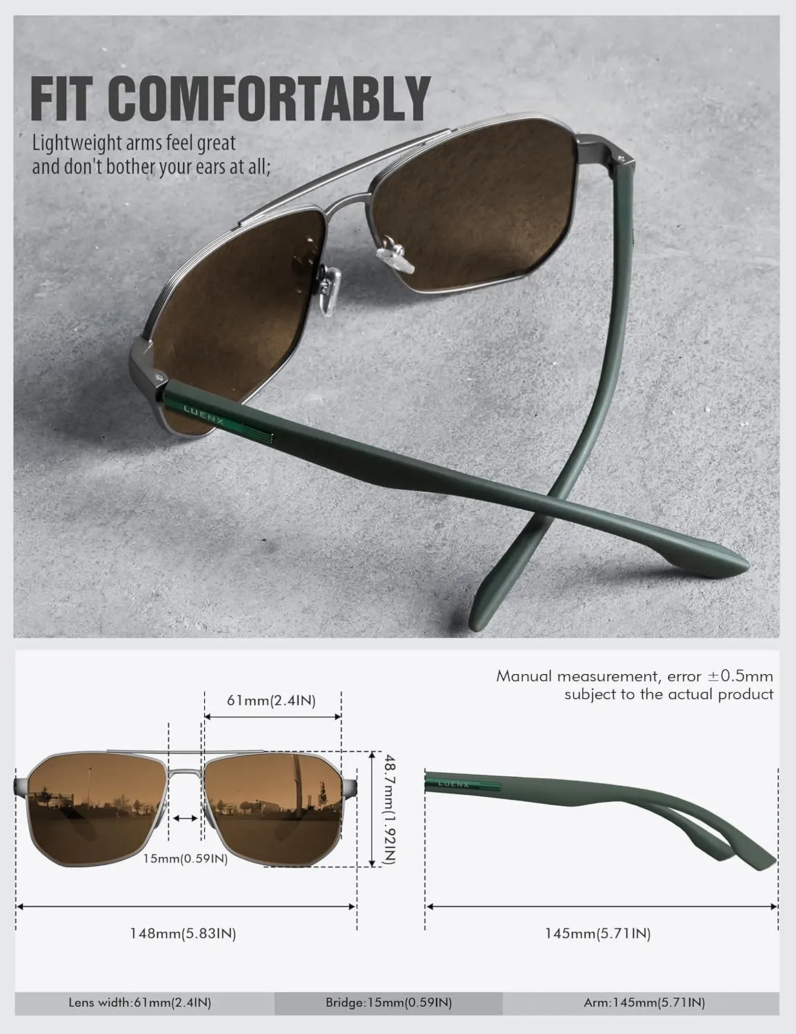 LUENX Aviator Sunglasses for Men Square Polarized Polygon Lens - UV 400 Protection with Accessories 61MM Driving Outdoor