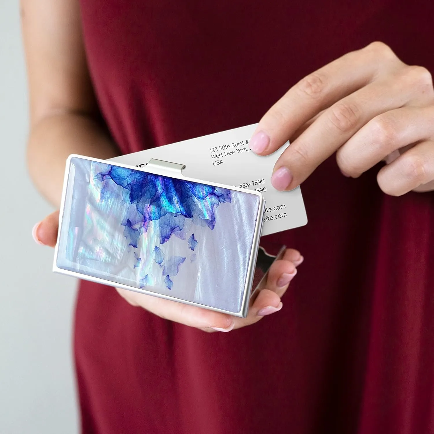 MADDesign Mother of Pearl Business Card Case Carrier Holder Wallet (Flower Purple)