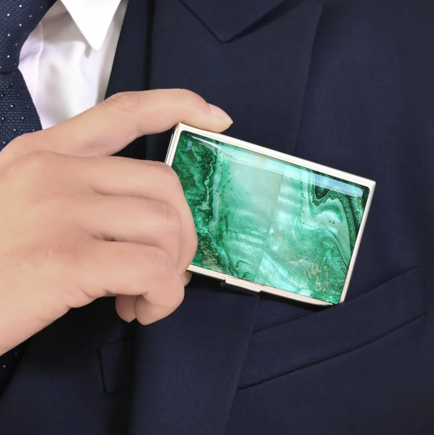 MADDesign Mother of Pearl Business Card Case Carrier Holder Wallet (Marble Green)