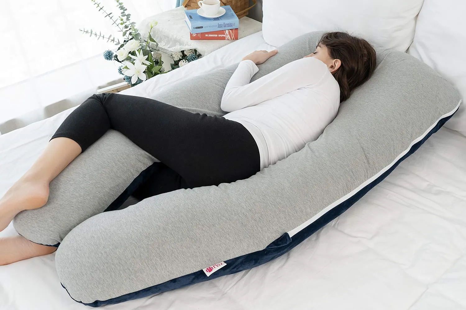 Meiz Pregnancy Pillow, Cooling Pregnancy Pillows for Sleeping, Full Body Pregnancy Pillow with Reversible Cooling Jersey Cover & Velvet Cover, Blue & Grey
