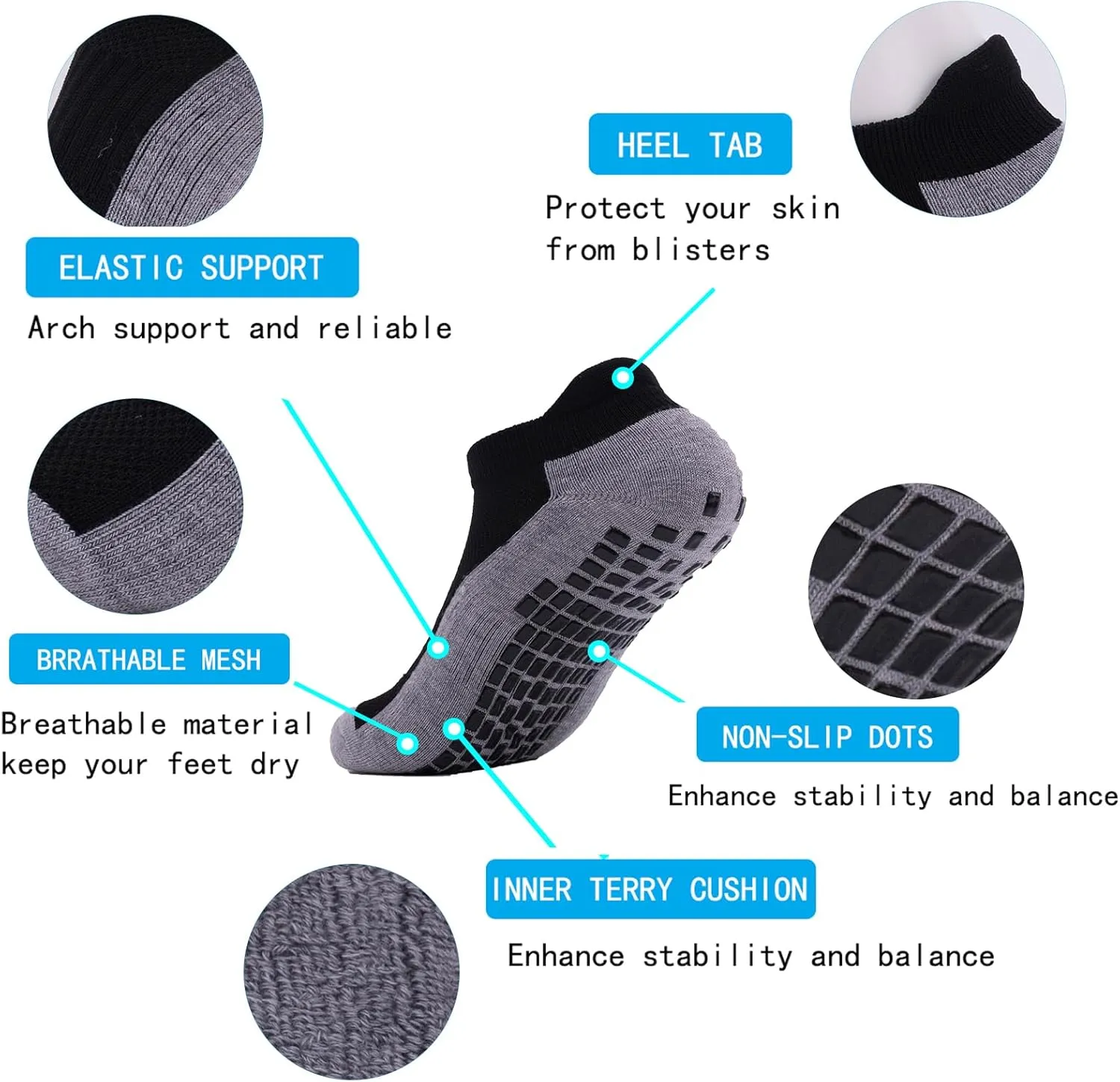 Mens Non Slip Socks with Grips Yoga Pilates Anti Skid Athletic Ankle Gym Home Thick Cushioned Socks 4 Pairs