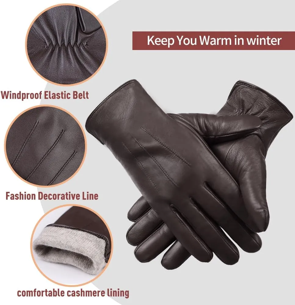 MGGMOKAY Mens Leather Gloves Lambskin Touch Screen Gloves Warm Cashmere Lined