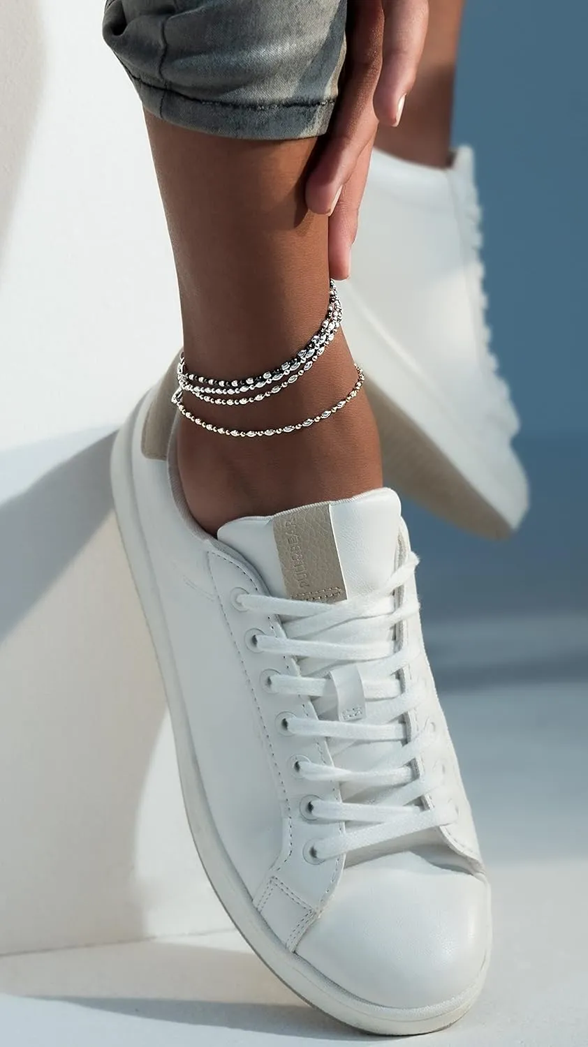 Miabella 925 Sterling Silver Diamond-Cut Oval and Round Bead Ball Chain Anklet Ankle Bracelet for Women, Made in Italy