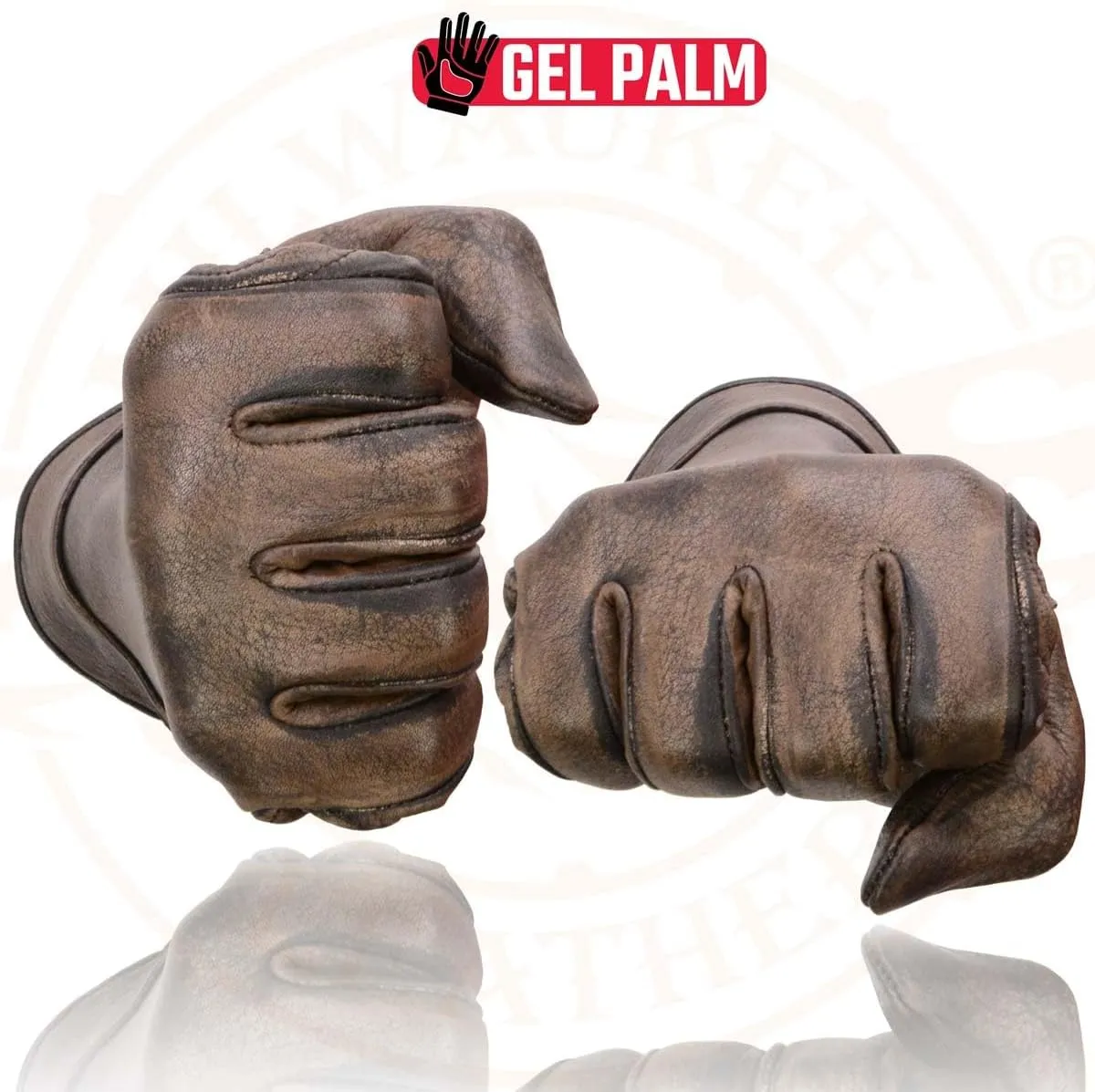 Milwaukee Leather MG7512 Men's Brown Leather Gel Padded Palm Short Wrist Motorcycle Hand Gloves W/ Full Panel Cover - X-Large