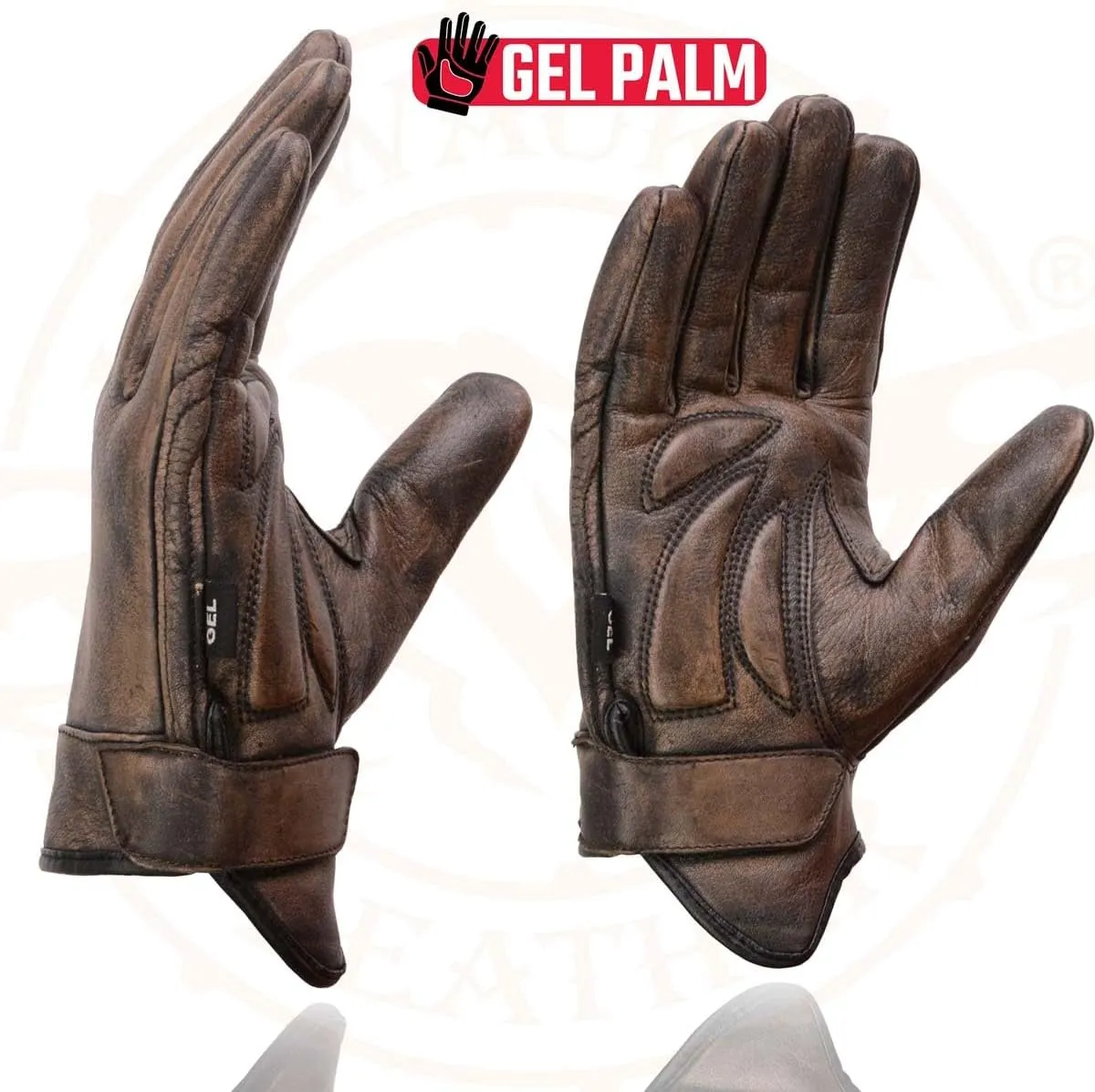 Milwaukee Leather MG7512 Men's Brown Leather Gel Padded Palm Short Wrist Motorcycle Hand Gloves W/ Full Panel Cover - X-Large