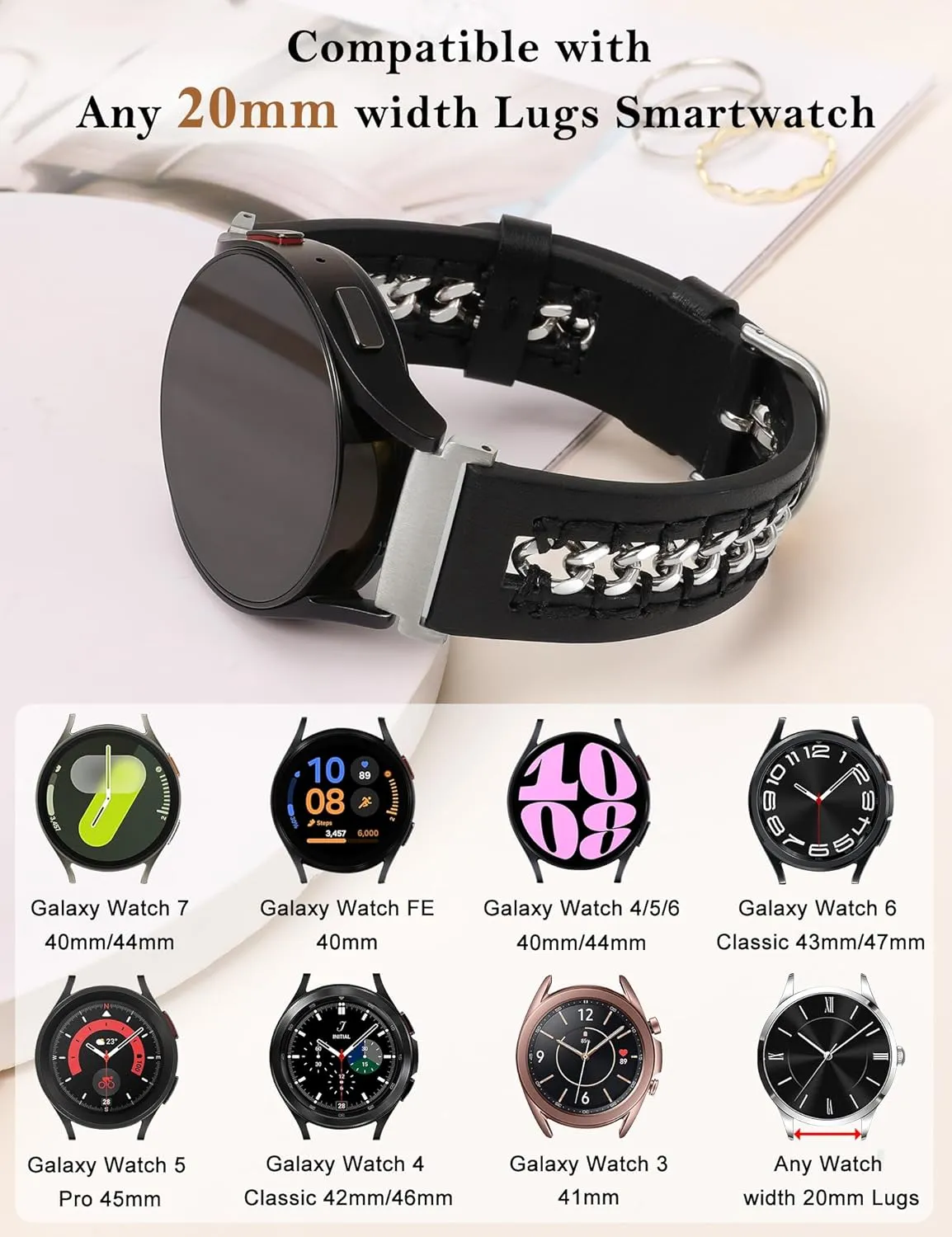 Minyee Leather Band Compatible with Samsung Galaxy Watch 7/6/5/4/FE/Active 2 40mm 44mm/Watch 6 Classic 43/47mm/Watch 5 Pro 45mm Bands, 20mm Dressy Leather Strap with Stainless Steel Metal Chain Women