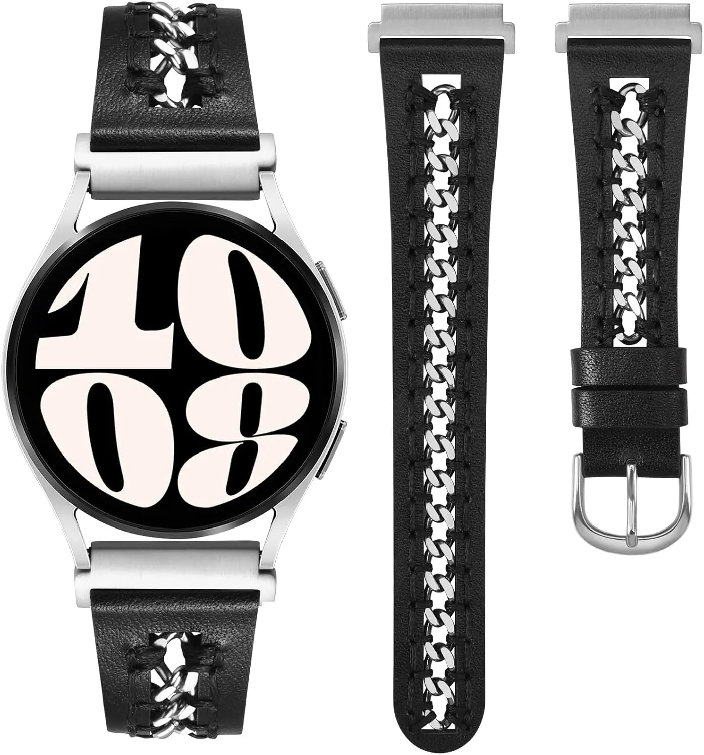 Minyee Leather Band Compatible with Samsung Galaxy Watch 7/6/5/4/FE/Active 2 40mm 44mm/Watch 6 Classic 43/47mm/Watch 5 Pro 45mm Bands, 20mm Dressy Leather Strap with Stainless Steel Metal Chain Women
