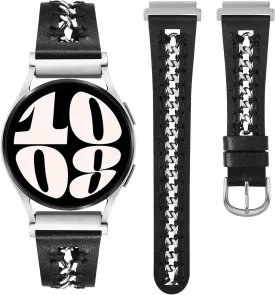 Minyee Leather Band Compatible with Samsung Galaxy Watch 7/6/5/4/FE/Active 2 40mm 44mm/Watch 6 Classic 43/47mm/Watch 5 Pro 45mm Bands, 20mm Dressy Leather Strap with Stainless Steel Metal Chain Women
