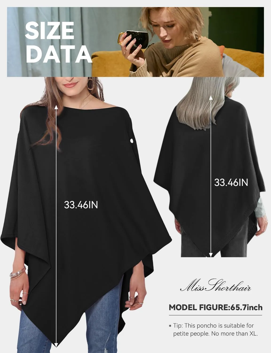MissShorthair Women's Lightweight Knitted Scarf Poncho Sweater Cape Shawl Versatile Spring Summer Ponchos Wraps