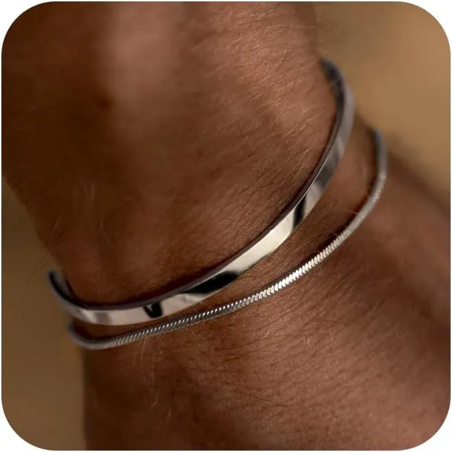 Moodear Fathers Day Gifts for Dad from Daughter Wife Son Stackable Bracelets for Men - Dainty 925 Sterling Silver/14K Gold Plated Cuff Snake Box Cuban Link Chain Bangle Bracelet Set Mens Jewelry