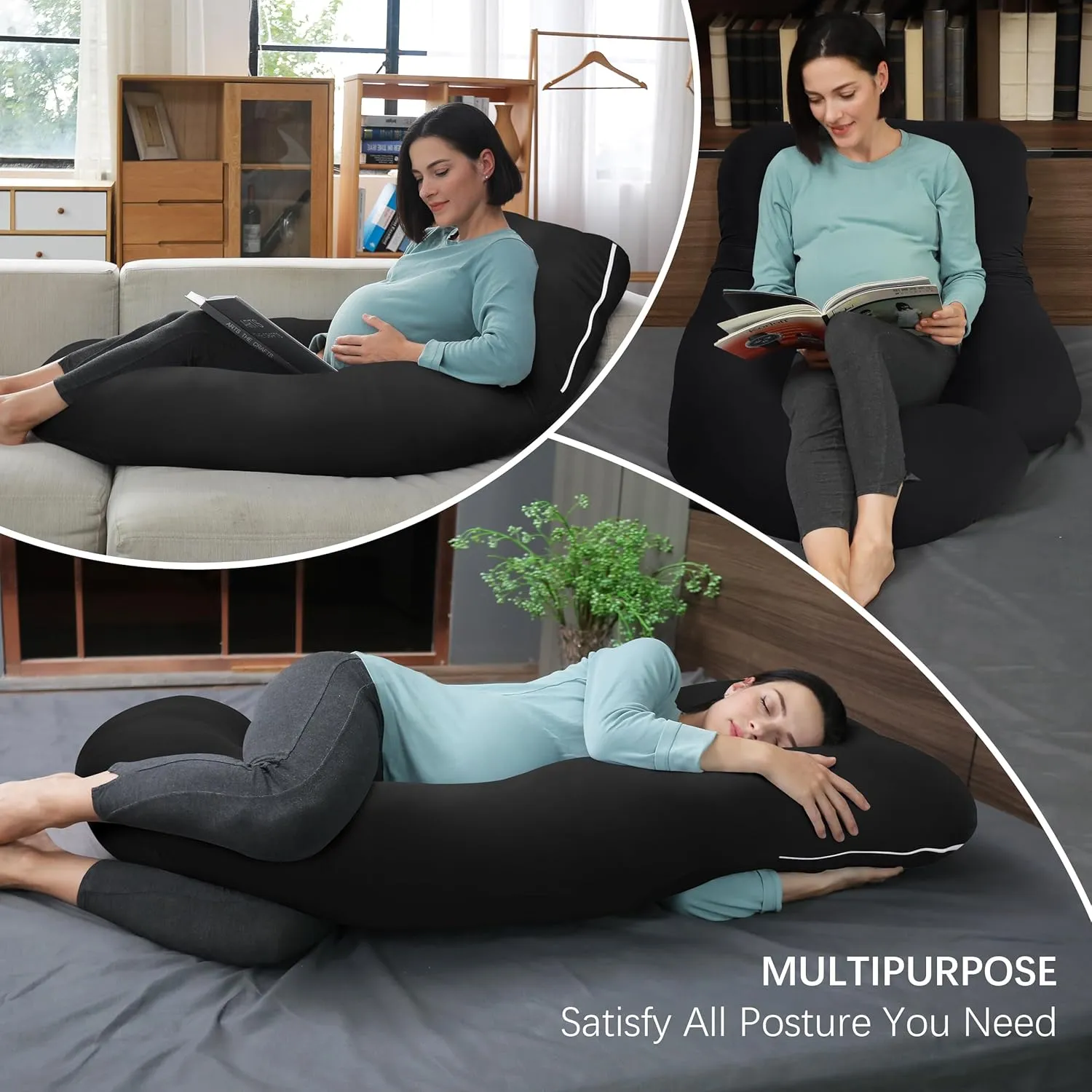 MOON PARK Pregnancy Pillows for Sleeping - U Shaped Full Body Maternity Pillow with Removable Cover - Support for Back, Legs, Belly, HIPS - 57 Inch - Black - Cooling Cover