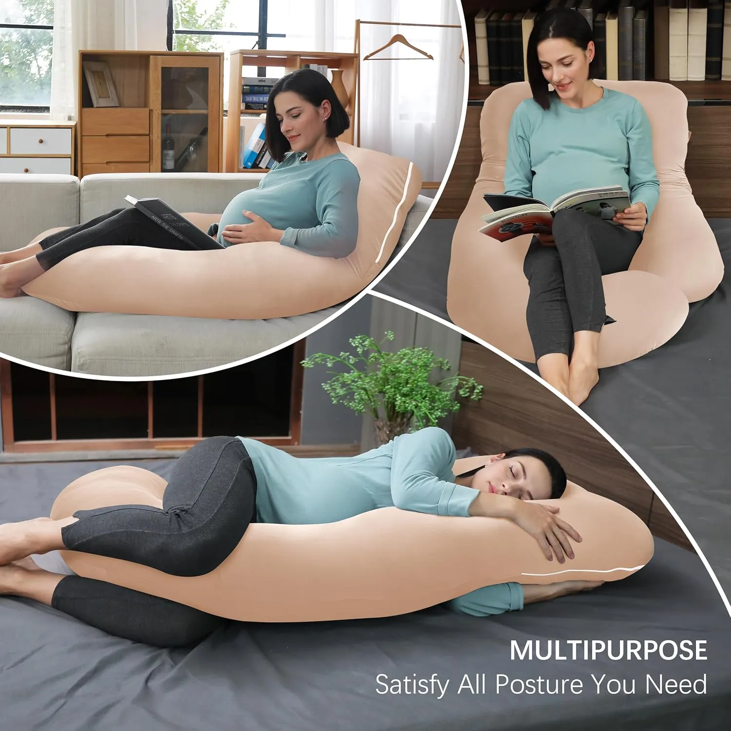 MOON PARK Pregnancy Pillows for Sleeping - U Shaped Full Body Maternity Pillow with Removable Cover - Support for Back, Legs, Belly, HIPS - 57 Inch - Brown - Cooling Cover