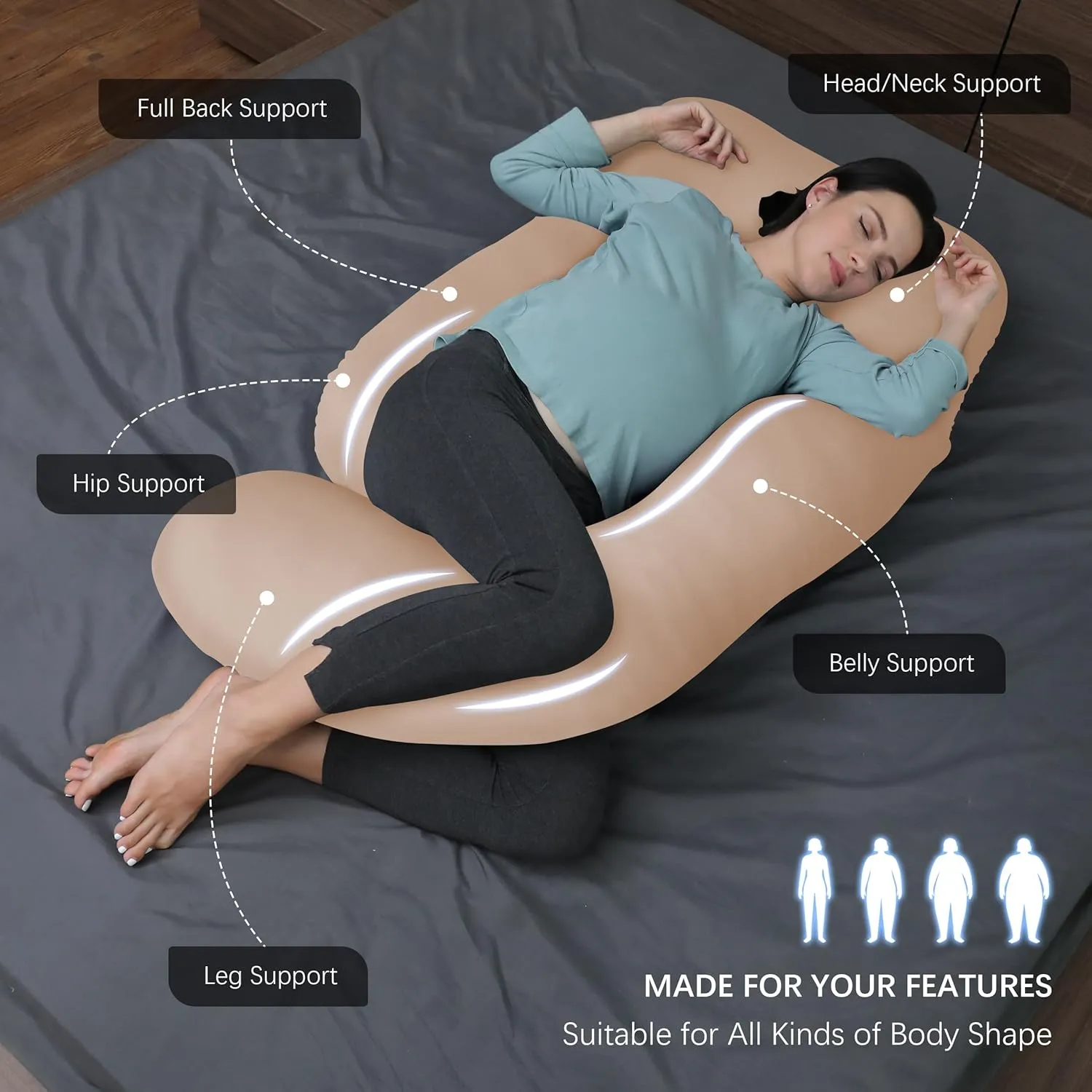 MOON PARK Pregnancy Pillows for Sleeping - U Shaped Full Body Maternity Pillow with Removable Cover - Support for Back, Legs, Belly, HIPS - 57 Inch - Brown - Cooling Cover