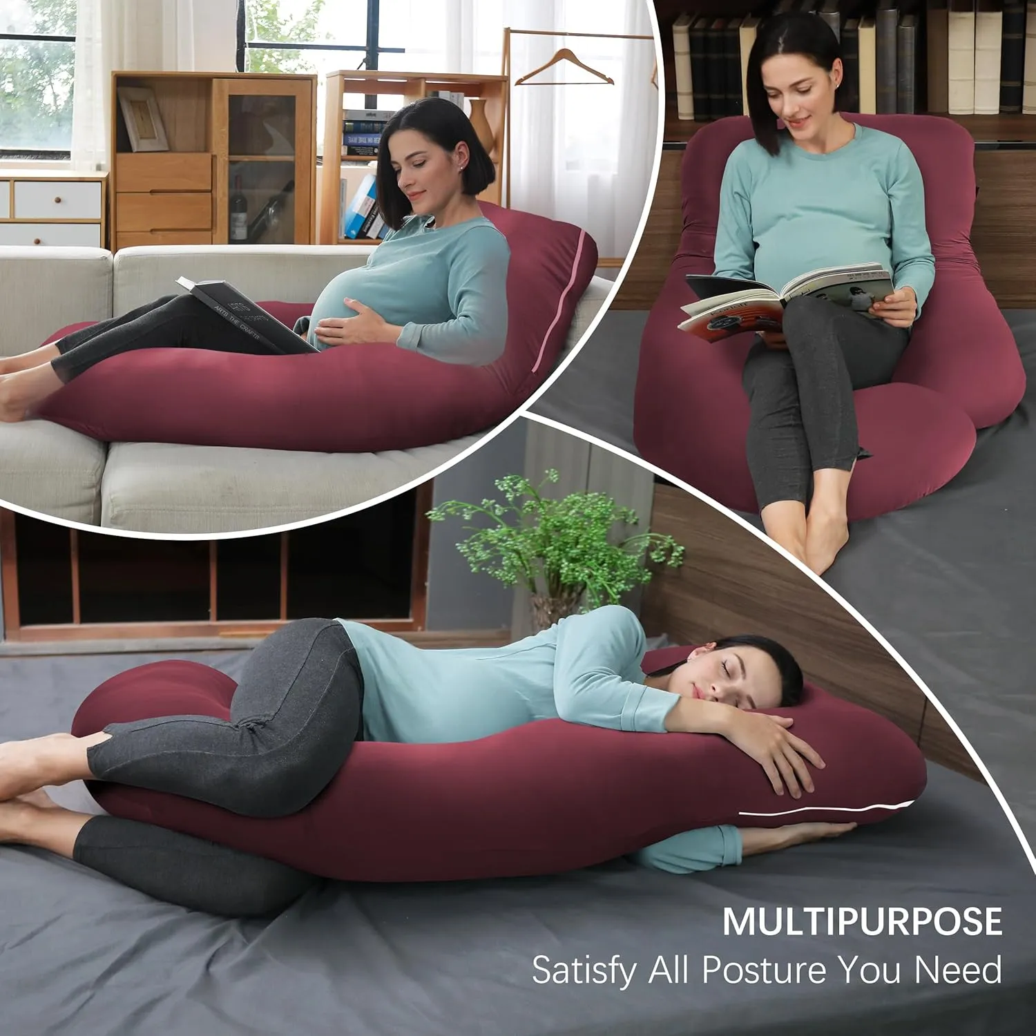 MOON PARK Pregnancy Pillows for Sleeping - U Shaped Full Body Maternity Pillow with Removable Cover - Support for Back, Legs, Belly, HIPS - 57 Inch - Burgundy - Cooling Cover