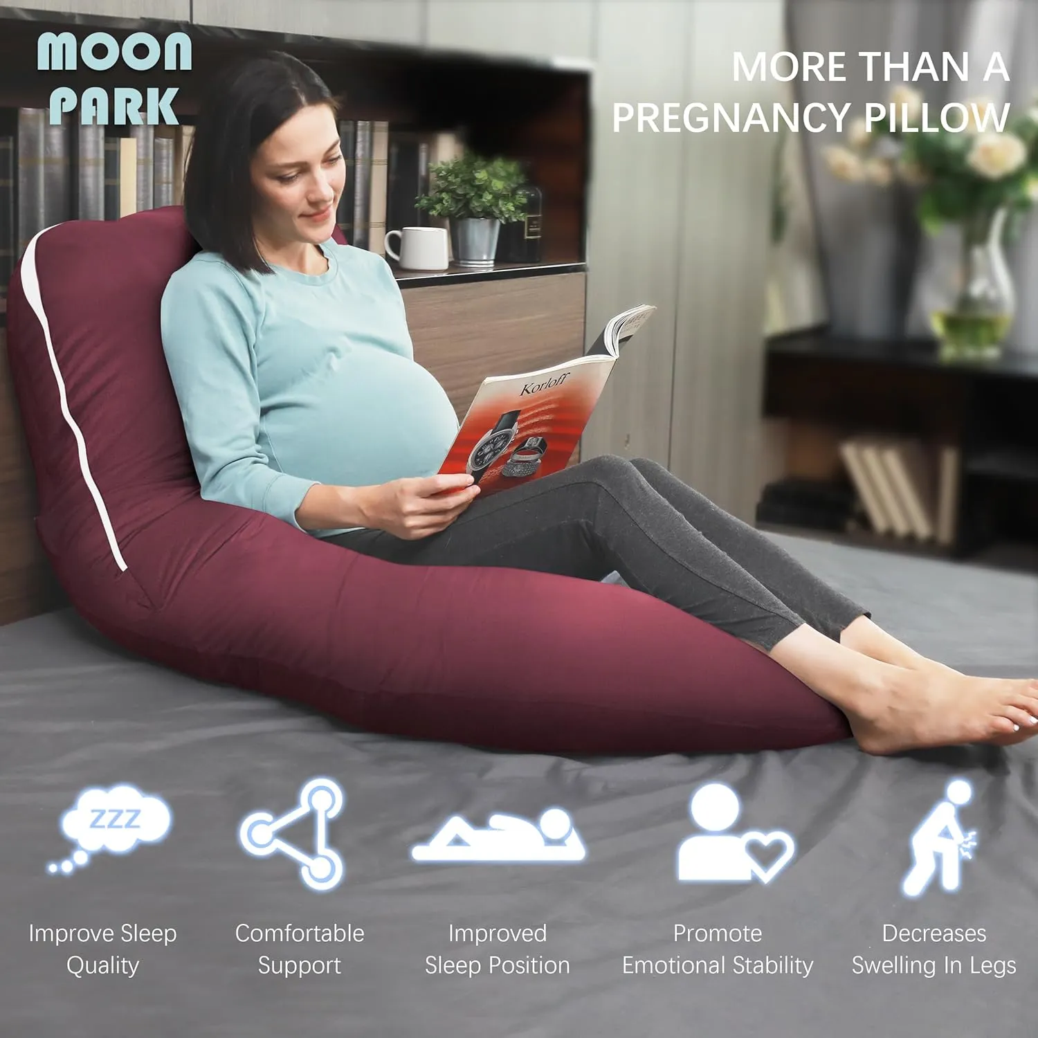 MOON PARK Pregnancy Pillows for Sleeping - U Shaped Full Body Maternity Pillow with Removable Cover - Support for Back, Legs, Belly, HIPS - 57 Inch - Burgundy - Cooling Cover