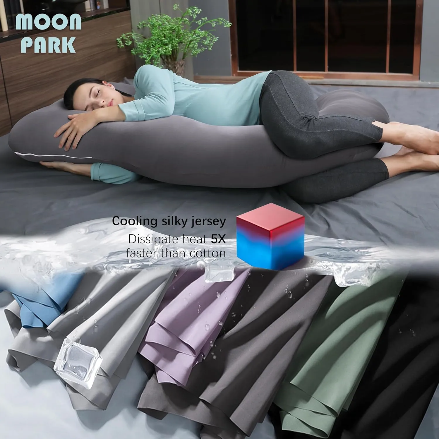 MOON PARK Pregnancy Pillows for Sleeping - U Shaped Full Body Maternity Pillow with Removable Cover - Support for Back, Legs, Belly, HIPS - 57 Inch - Dark Grey - Cooling Cover
