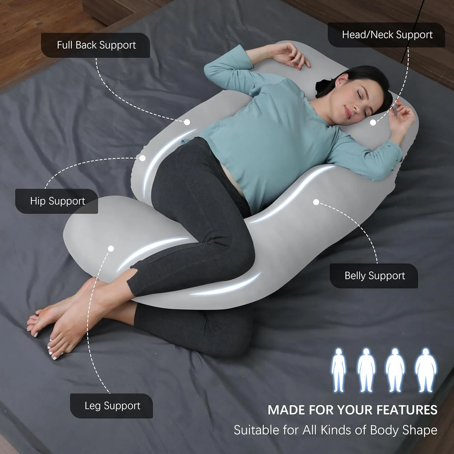 MOON PARK Pregnancy Pillows for Sleeping - U Shaped Full Body Maternity Pillow with Removable Cover - Support for Back, Legs, Belly, HIPS - 57 Inch - Light Grey - Cooling Cover