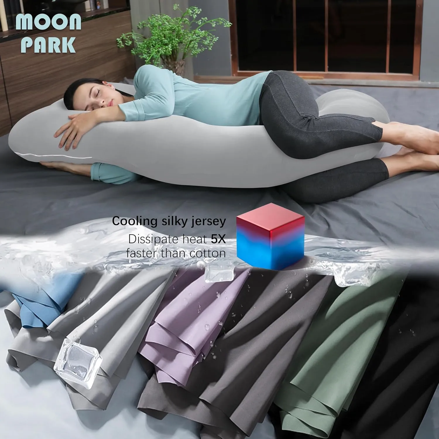 MOON PARK Pregnancy Pillows for Sleeping - U Shaped Full Body Maternity Pillow with Removable Cover - Support for Back, Legs, Belly, HIPS - 57 Inch - Light Grey - Cooling Cover